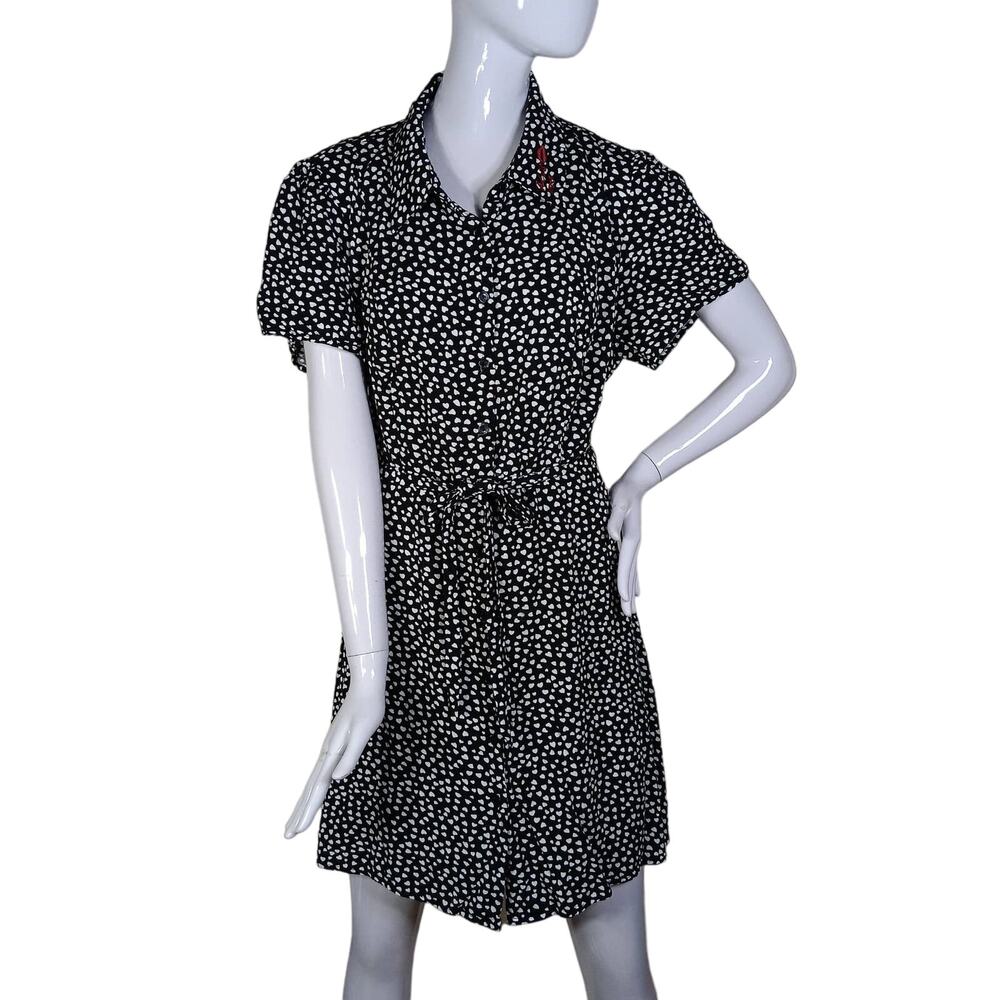 City Chic Dress Size Small Black & White Tiny Hearts Print Embroidered Neckline